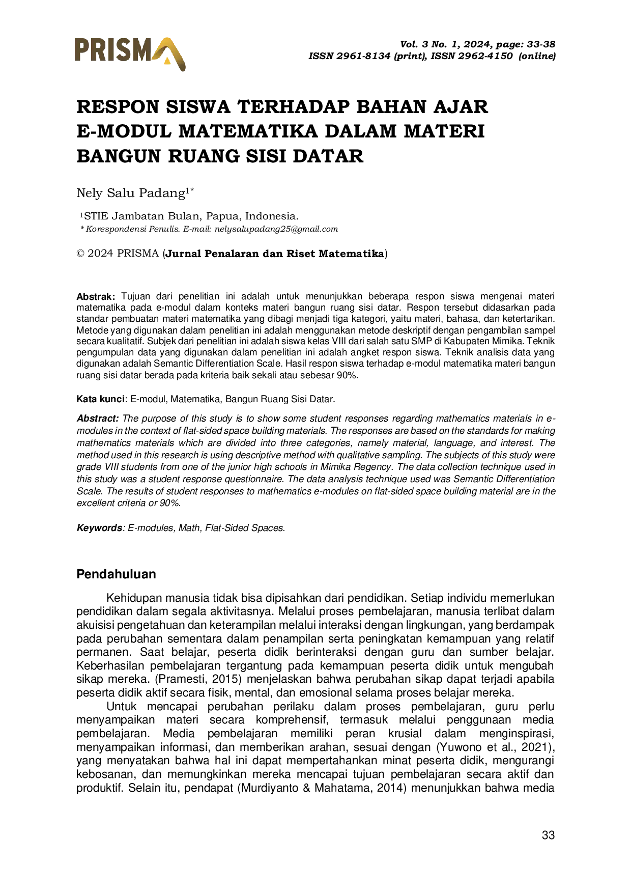 JURIS Respon Siswa Terhadap Bahan Ajar E Modul Matematika Dalam Materi Bangun Ruang Sisi Datar