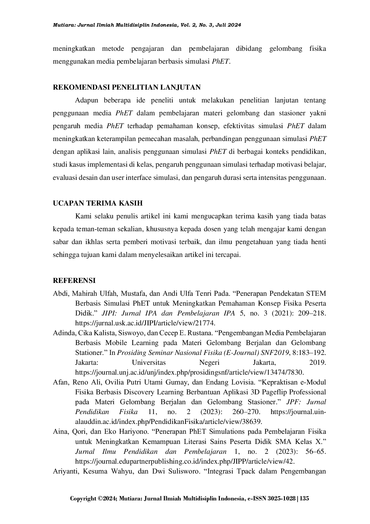 JURIS Analisis Penggunaan Media Pembelajaran PhET pada Materi Gelombang Berjalan dan Stasioner A Review Literatur