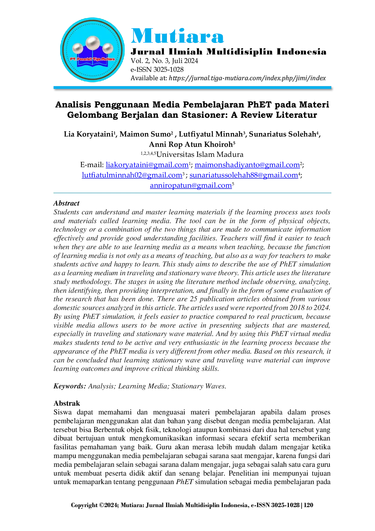 JURIS Analisis Penggunaan Media Pembelajaran PhET pada Materi Gelombang Berjalan dan Stasioner A Review Literatur