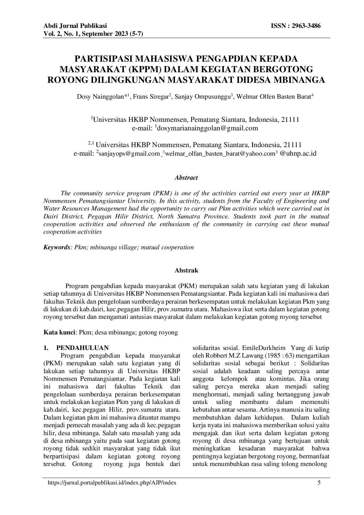 juris Partisipasi Mahasiswa Pengabdian Kepada Masyarakat PKM Dalam Kegiatan Gotong Royong Di Lingkungan Masyarakat Di Desa Mbinanga