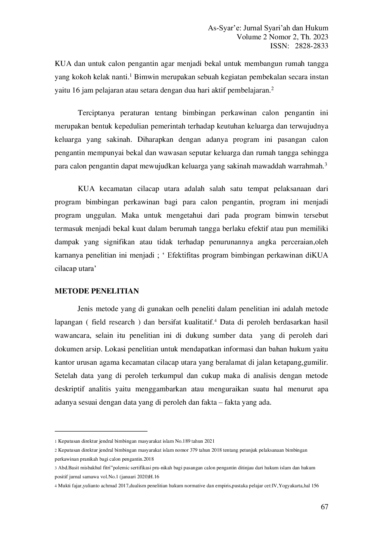 JURIS Efektivitas Program Bimbingan Perkawinan Bagi Calon Pengantin Di Kua Kecamatan Cilacap Utara