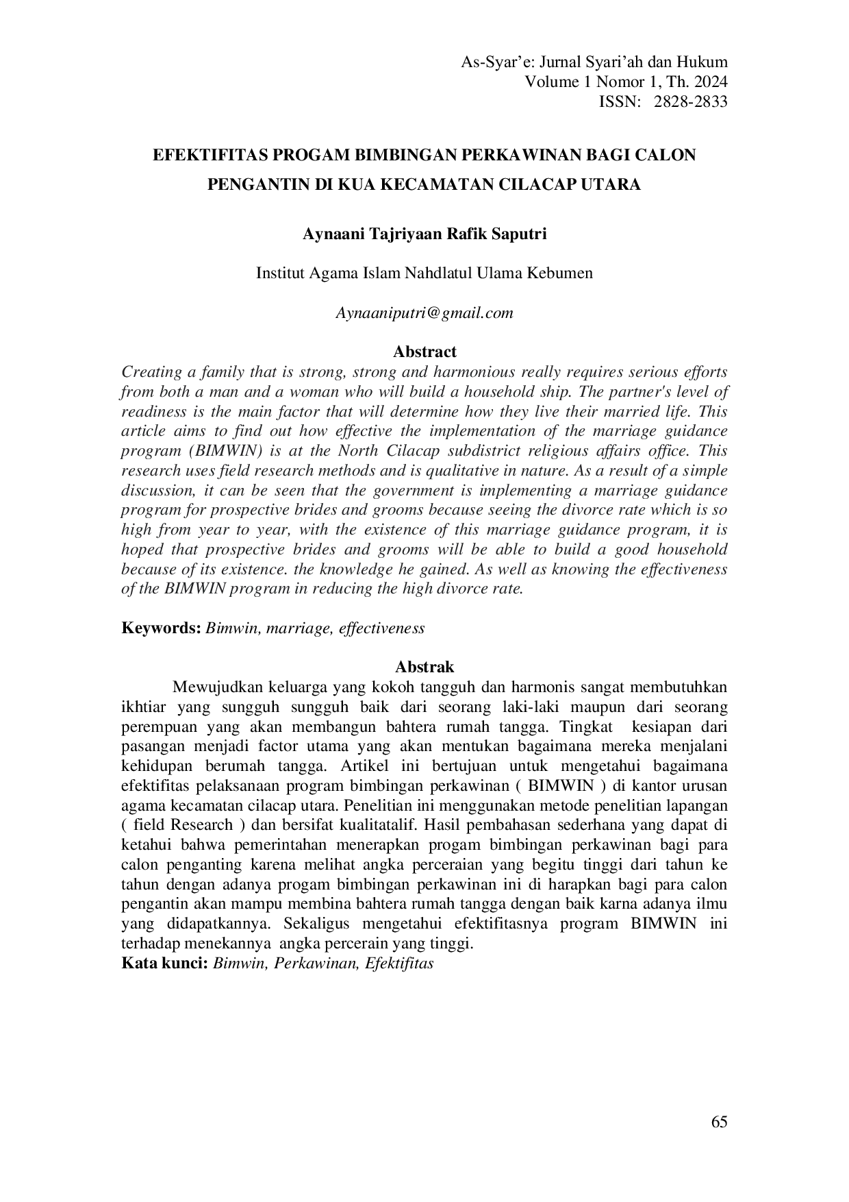 JURIS Efektivitas Program Bimbingan Perkawinan Bagi Calon Pengantin Di Kua Kecamatan Cilacap Utara