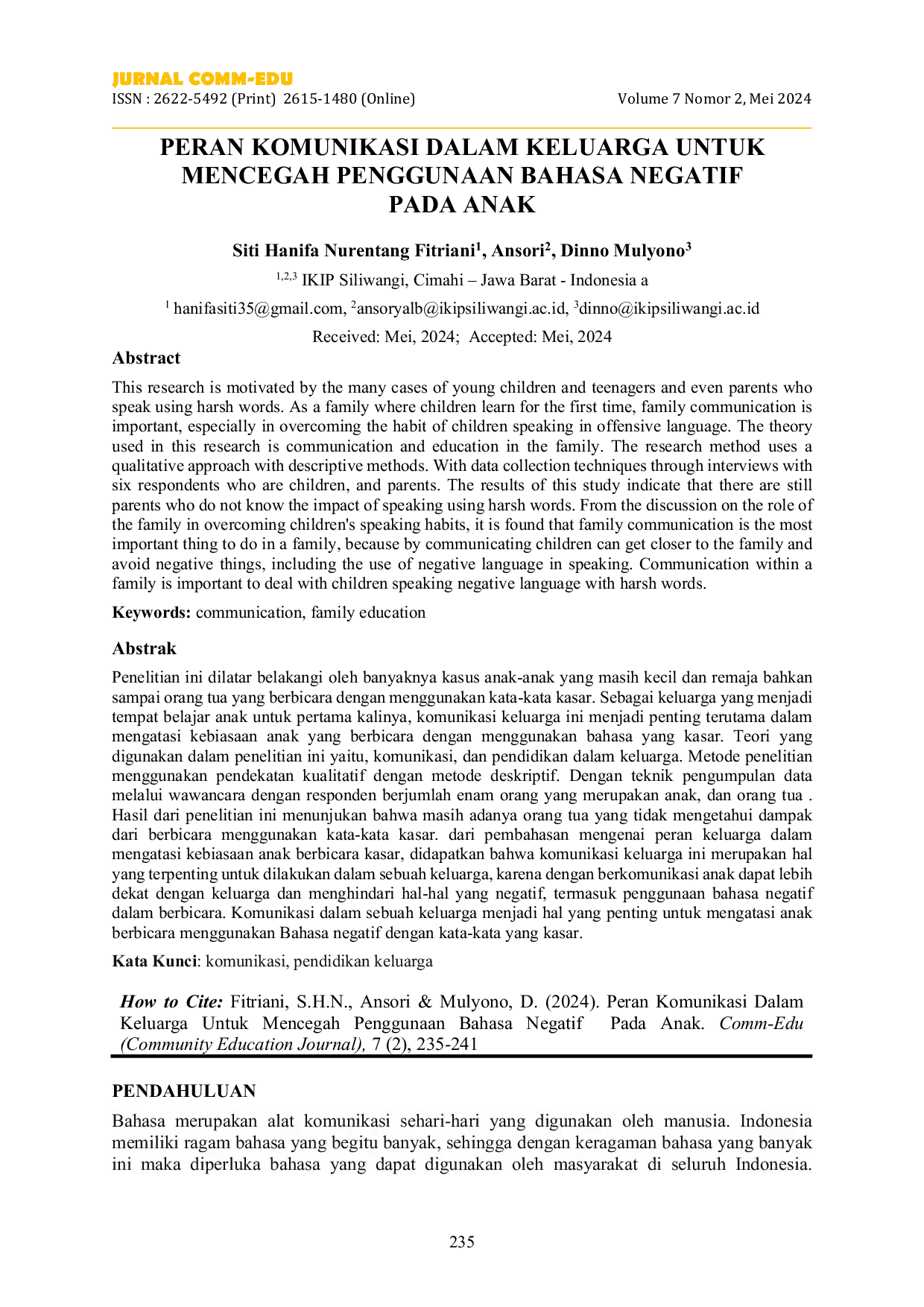 JURIS Peran Komunikasi Dalam Keluarga Untuk Mencegah Penggunaan Bahasa Negatif Pada Anak