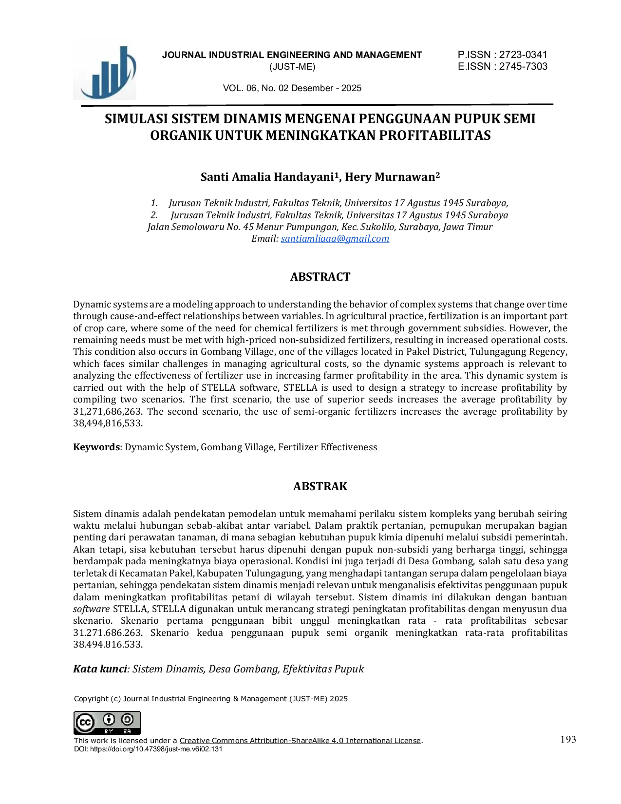 JURIS Simulasi Sistem Dinamis Mengenai Penggunaan Pupuk Semi Organik Untuk Meningkatkan Profitabilitas