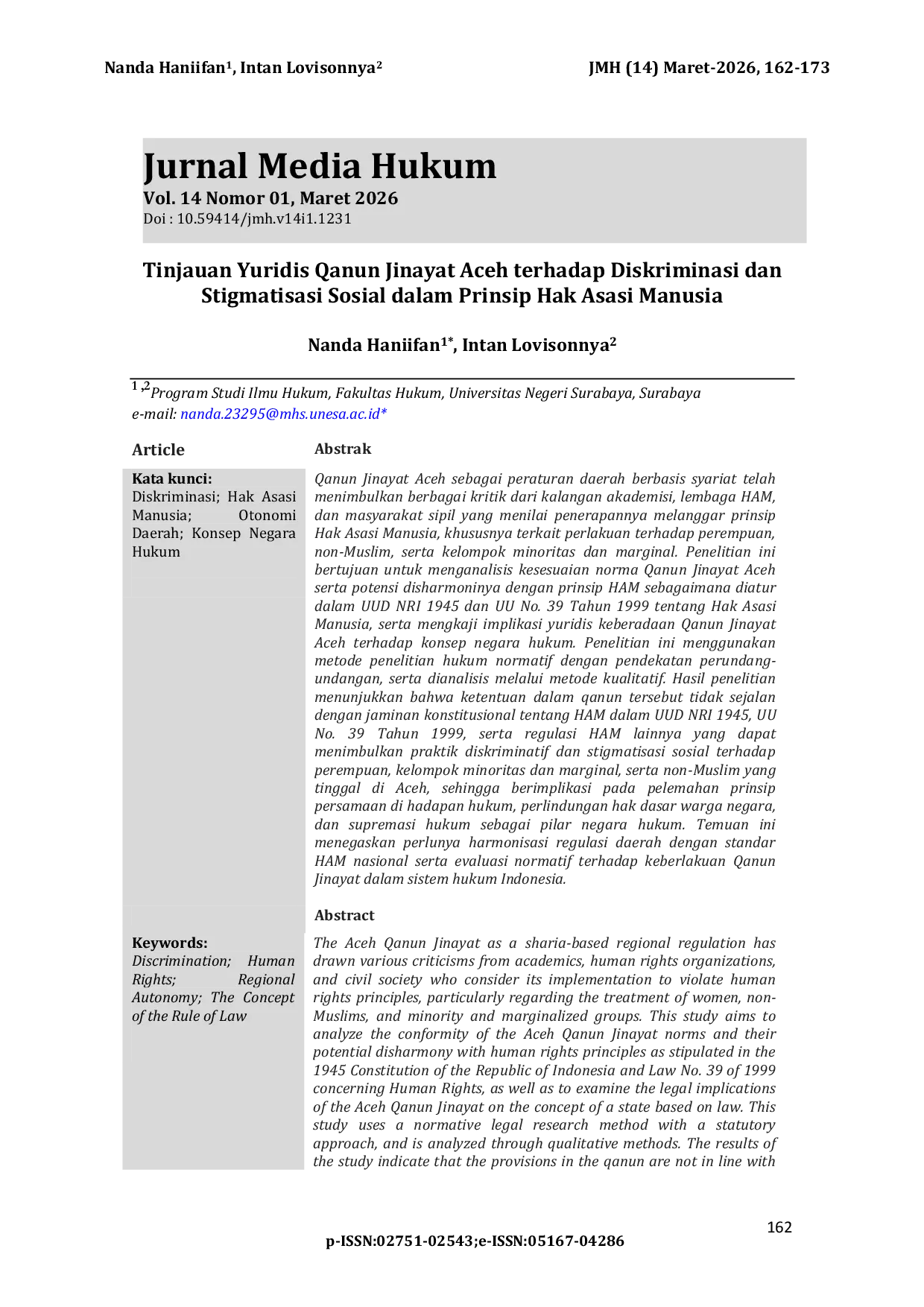 JURIS Tinjauan Yuridis Qanun Jinayat Aceh terhadap Diskriminasi dan Stigmatisasi Sosial dalam Prinsip Hak Asasi Manusia A Legal Review of the Aceh Criminal Code Regarding Discrimination and Social Stigmati