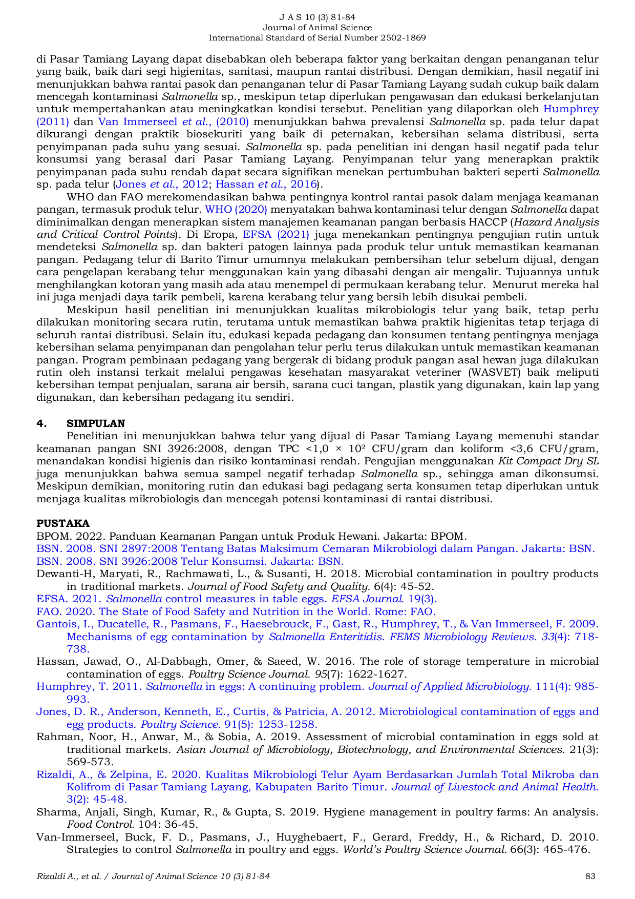 JURIS Tingkat Higiene Pedagang Telur di Pasar Tamiang Layang Kabupaten Barito Timur Berdasarkan Total Plate Count Kolifrom dan Salmonella sp