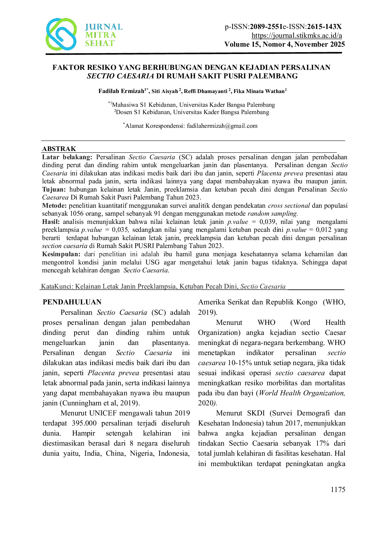 JURIS Faktor Risiko Yang Berhubungan Dengan Kejadian Persalinan Sectio Caesaria Di Rumah Sakit Pusri Palembang