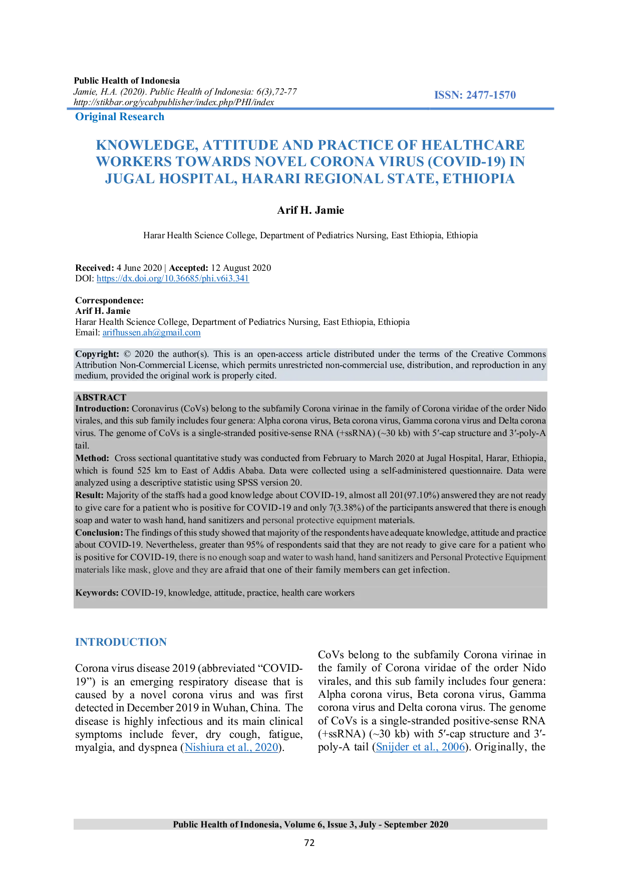 JURIS Knowledge Attitude and Practice of Healthcare Workers Towards Novel Corona Virus Covid 19 In Jugal Hospital Harari Regional State Ethiopia