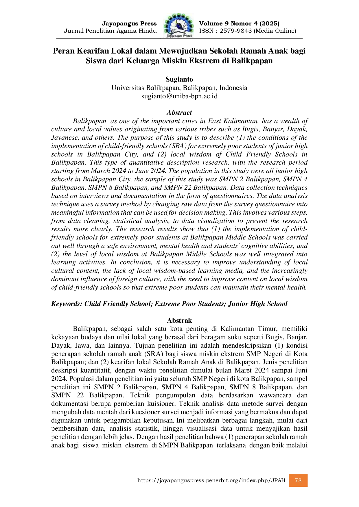 JURIS Peran Kearifan Lokal dalam Mewujudkan Sekolah Ramah Anak bagi Siswa dari Keluarga Miskin Ekstrem di Balikpapan
