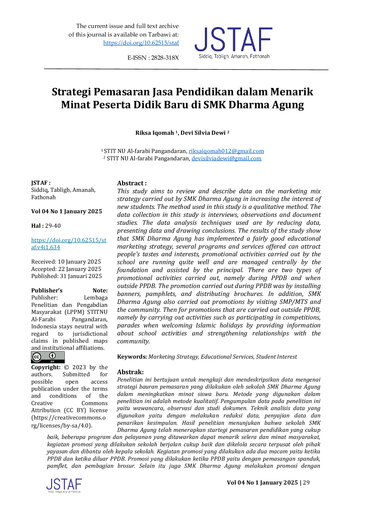 JURIS Strategi Pemasaran Jasa Pendidikan dalam Menarik Minat Peserta Didik Baru di SMK Dharma Agung