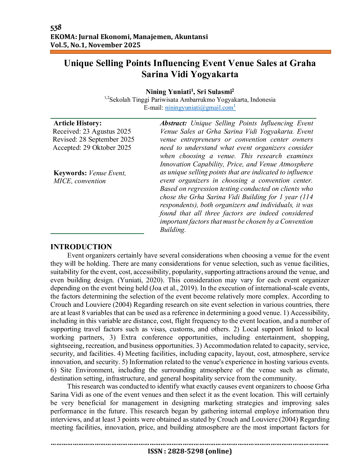 JURIS Unique Selling Points Influencing Event Venue Sales at Graha Sarina Vidi Yogyakarta