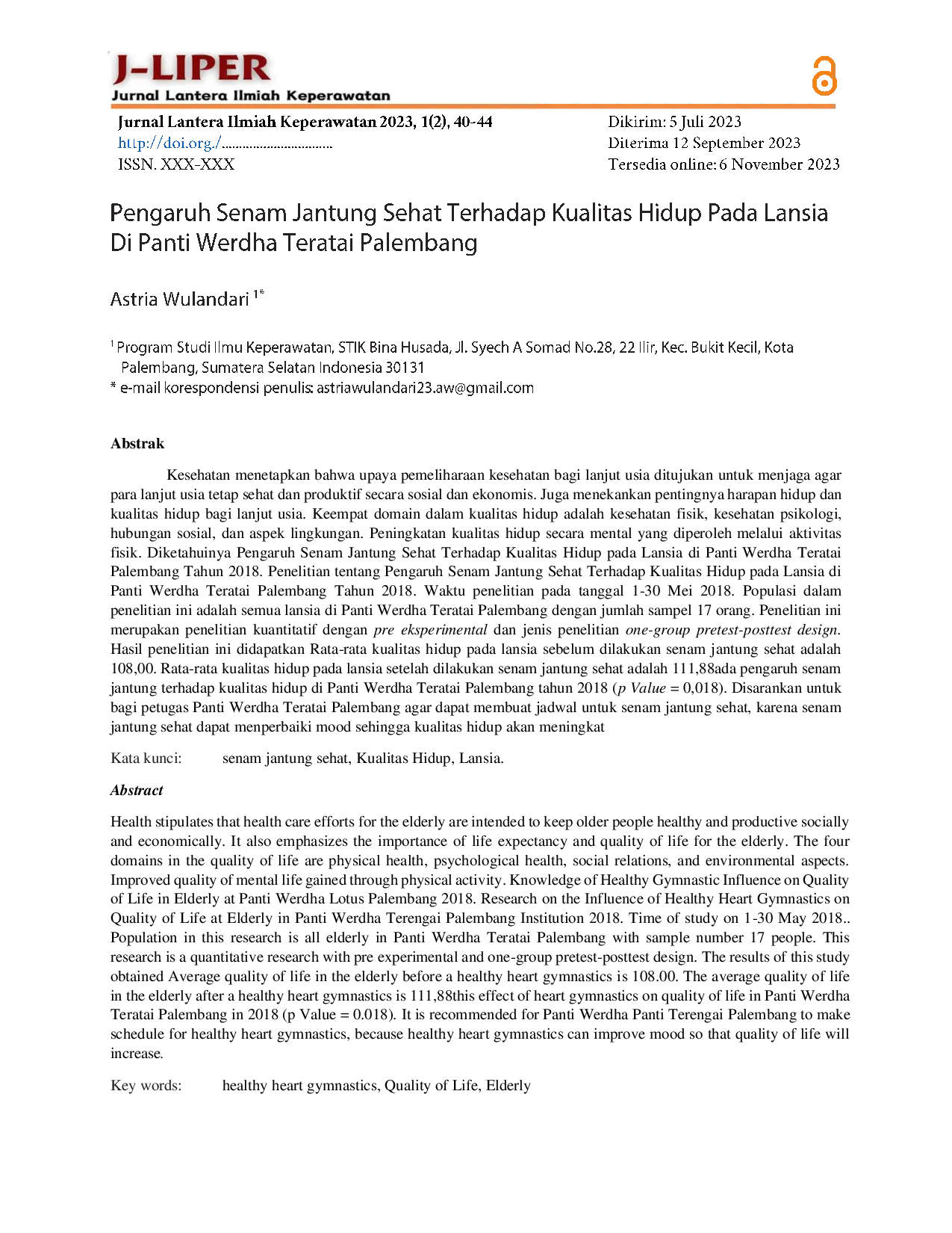 juris Pengaruh Senam Jantung Sehat Terhadap Kualitas Hidup Pada Lansia Di Panti Werdha Teratai Palembang