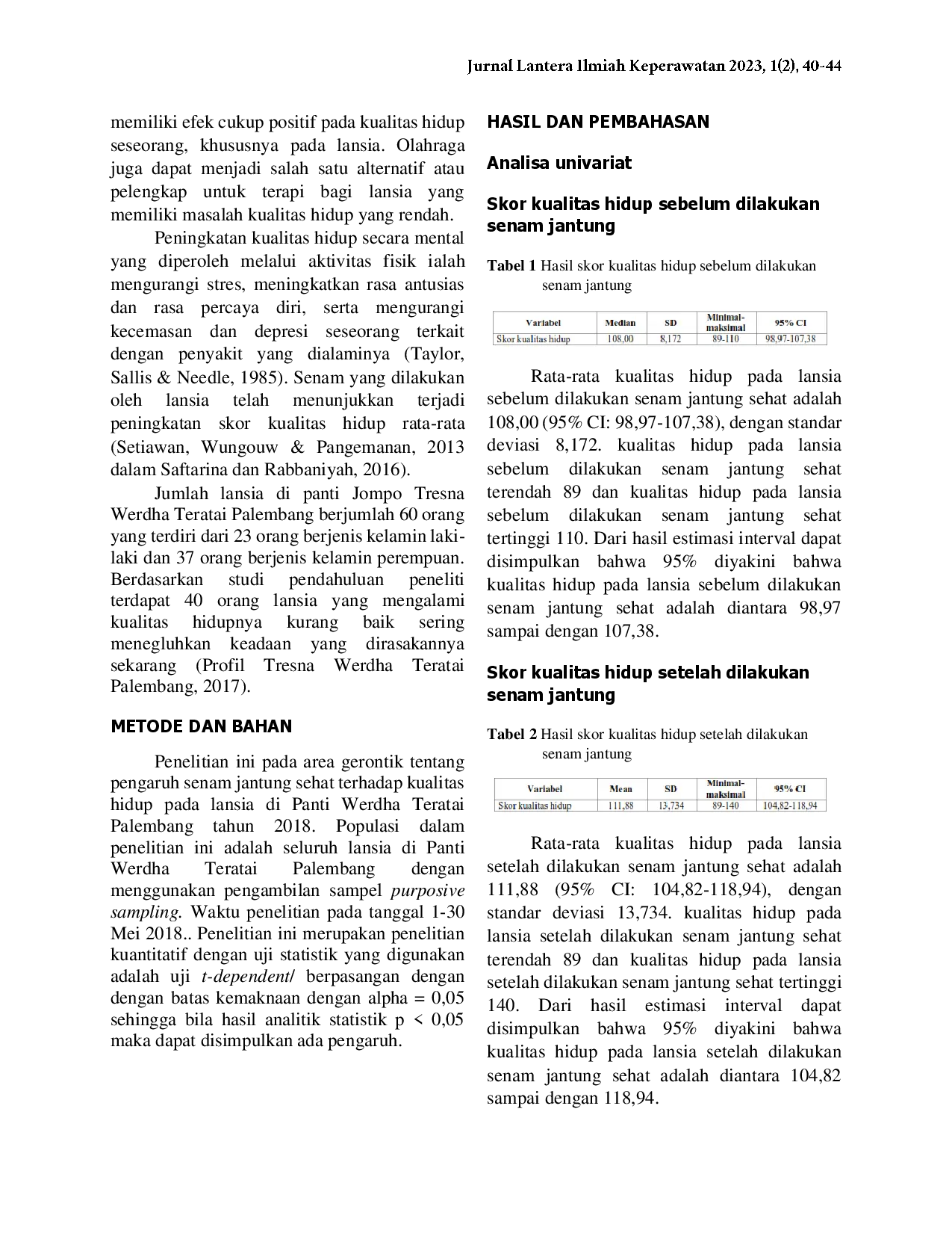 juris Pengaruh Senam Jantung Sehat Terhadap Kualitas Hidup Pada Lansia Di Panti Werdha Teratai Palembang