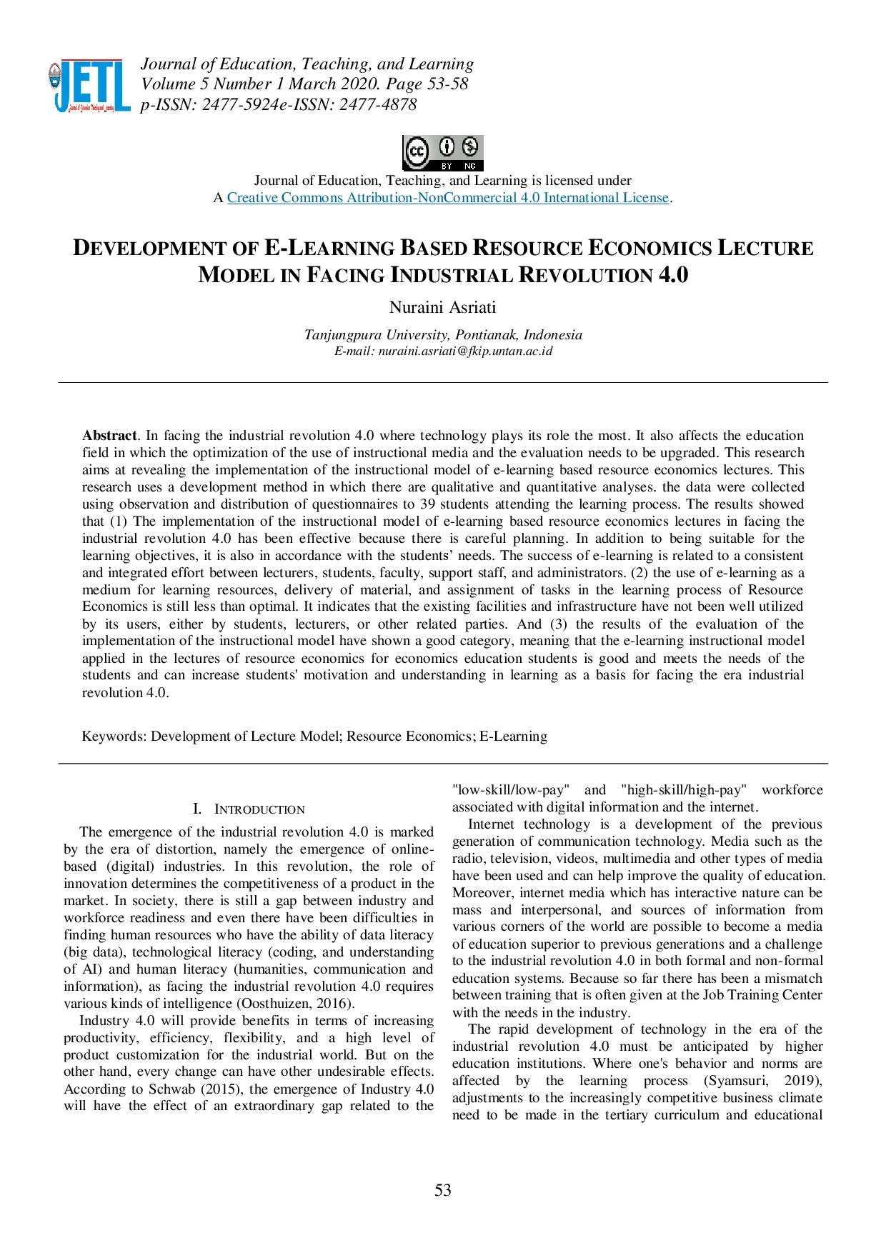 juris Development of E Learning Based Resource Economics Lecture Model in Facing Industrial Revolution 4 0
