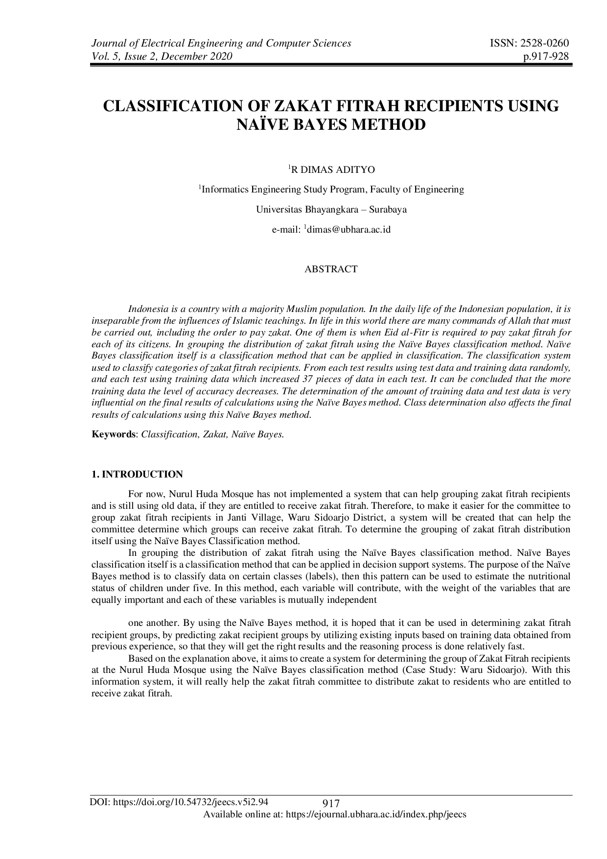 JURIS Classification of Zakat Fitrah Recipients Using Na ve Bayes Method