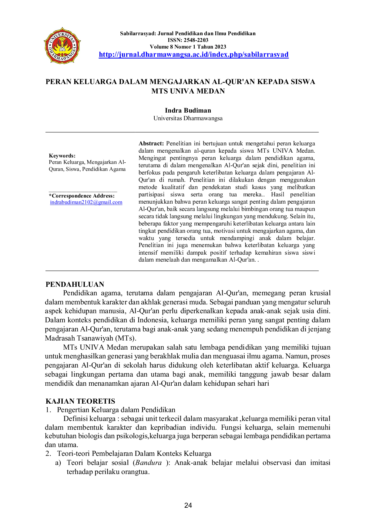 JURIS Peran Keluarga Dalam Mengajarkan Al Qur an Kepada Siswa MTs Univa Medan