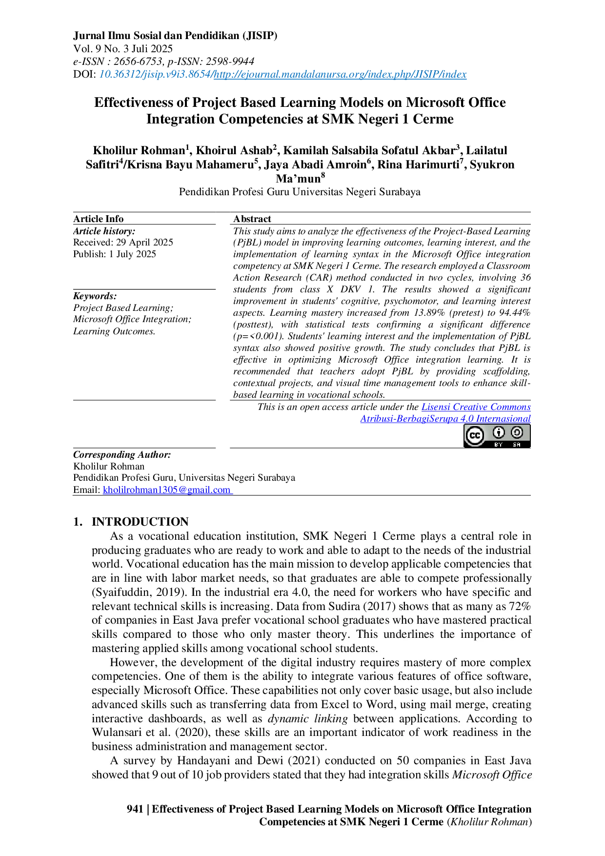JURIS Effectiveness of Project Based Learning Models on Microsoft Office Integration Competencies at SMK Negeri 1 Cerme