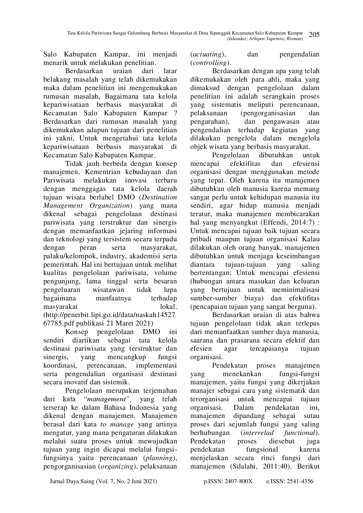 juris Tata Kelola Pariwisata Sungai Gelombang Berbasis Masyarakat di Desa Sipungguk Kecamatan Salo Kabupaten Kampar