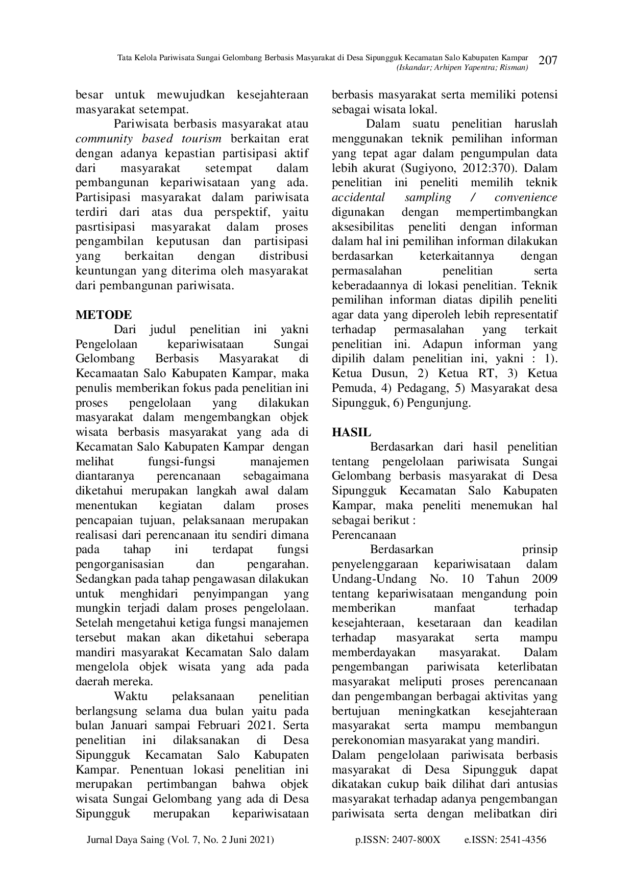 juris Tata Kelola Pariwisata Sungai Gelombang Berbasis Masyarakat di Desa Sipungguk Kecamatan Salo Kabupaten Kampar