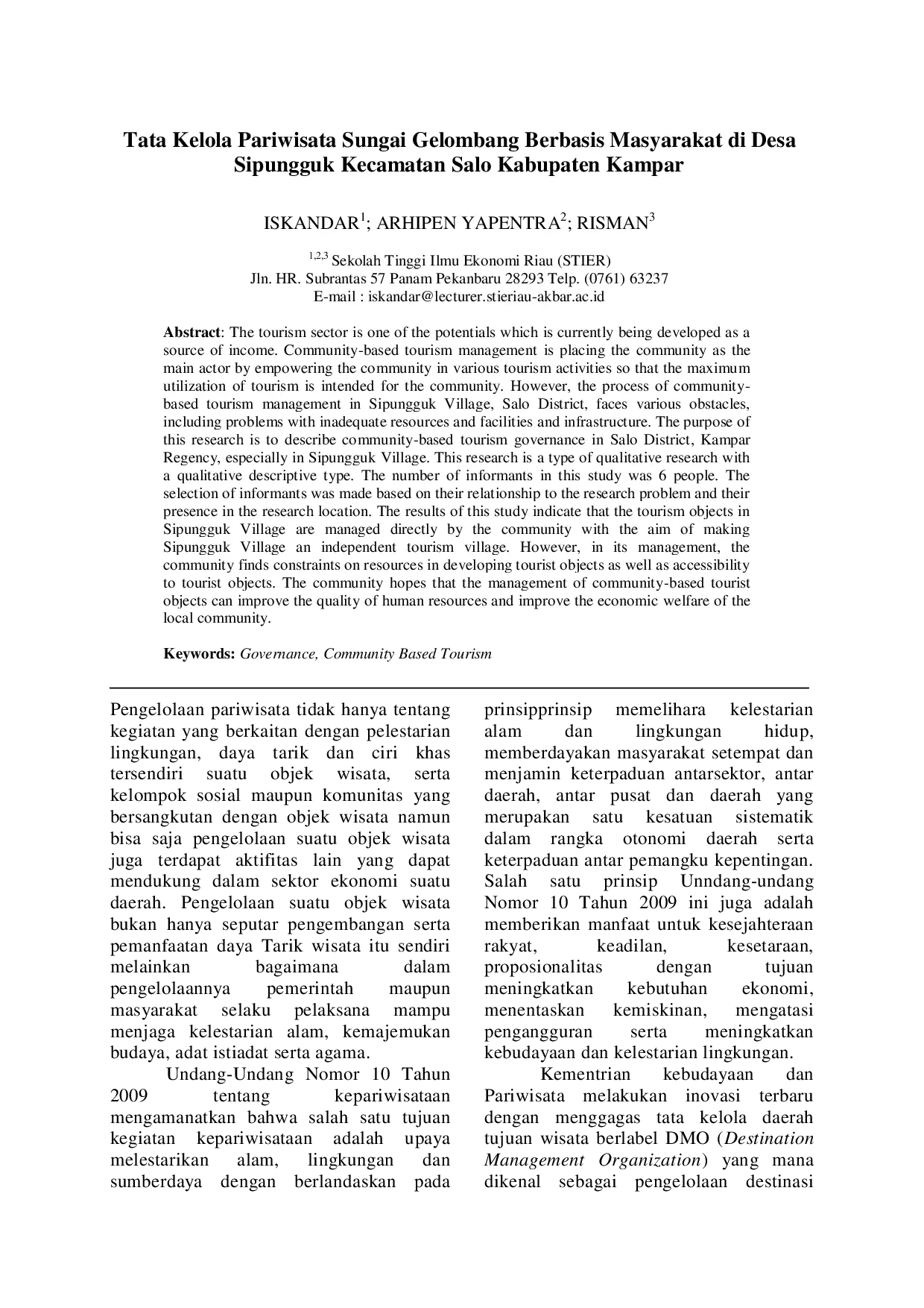 juris Tata Kelola Pariwisata Sungai Gelombang Berbasis Masyarakat di Desa Sipungguk Kecamatan Salo Kabupaten Kampar