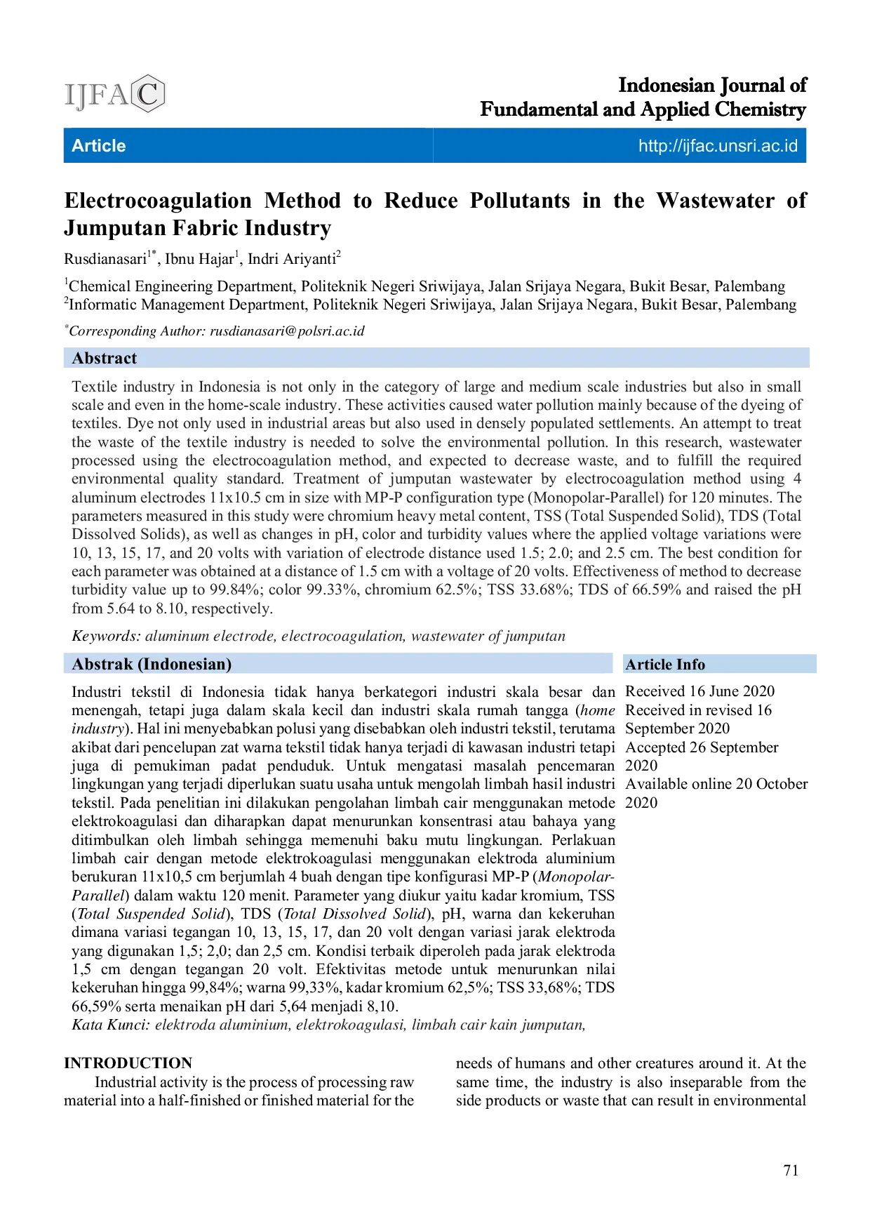 JURIS Electrocoagulation Method to Reduce Pollutants in the Wastewater of Jumputan Fabric Industry
