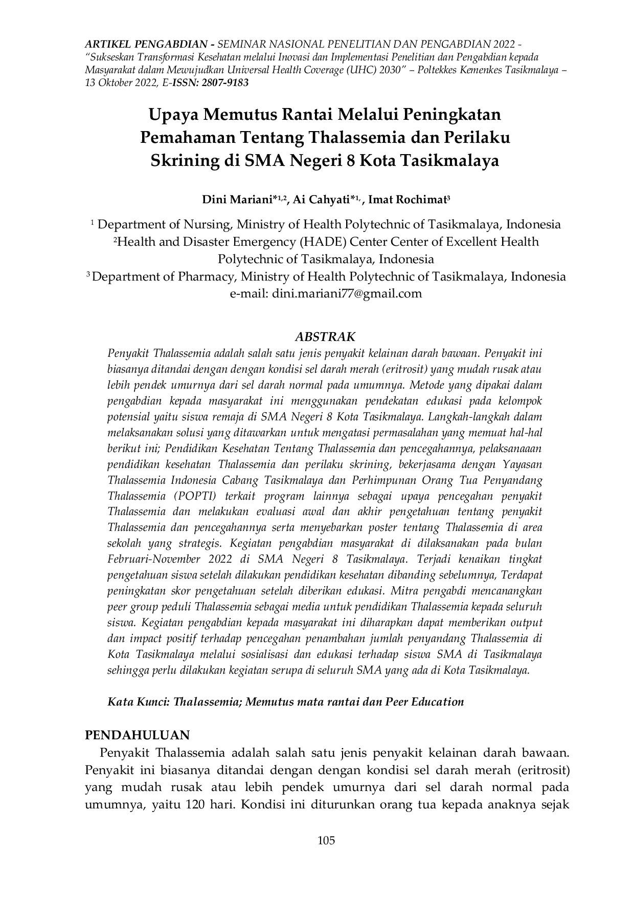 JURIS Upaya Memutus Rantai Melalui Peningkatan Pemahaman Tentang Thalassemia dan Perilaku Skrining di SMA Negeri 8 Kota Tasikmalaya