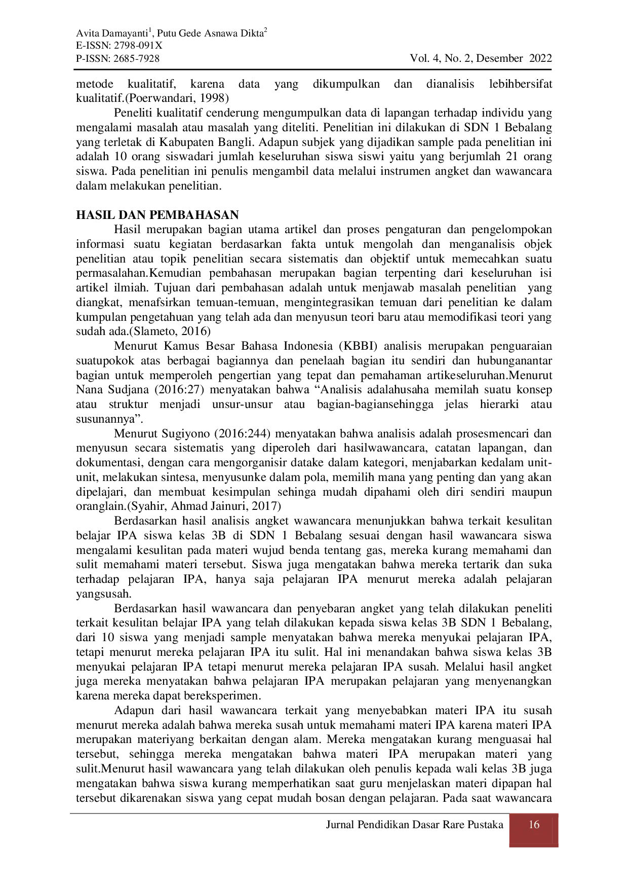 JURIS Analisis Kesulitan Belajar IPA Siswa Kelas 3 B Sekolah Dasar Negeri 1 Bebalang