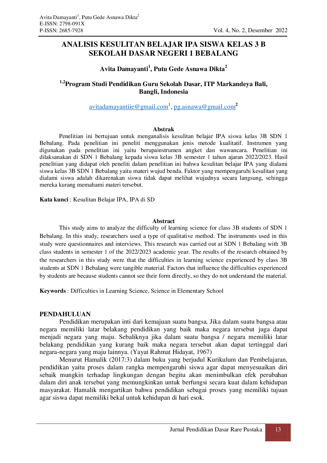 JURIS Analisis Kesulitan Belajar IPA Siswa Kelas 3 B Sekolah Dasar Negeri 1 Bebalang