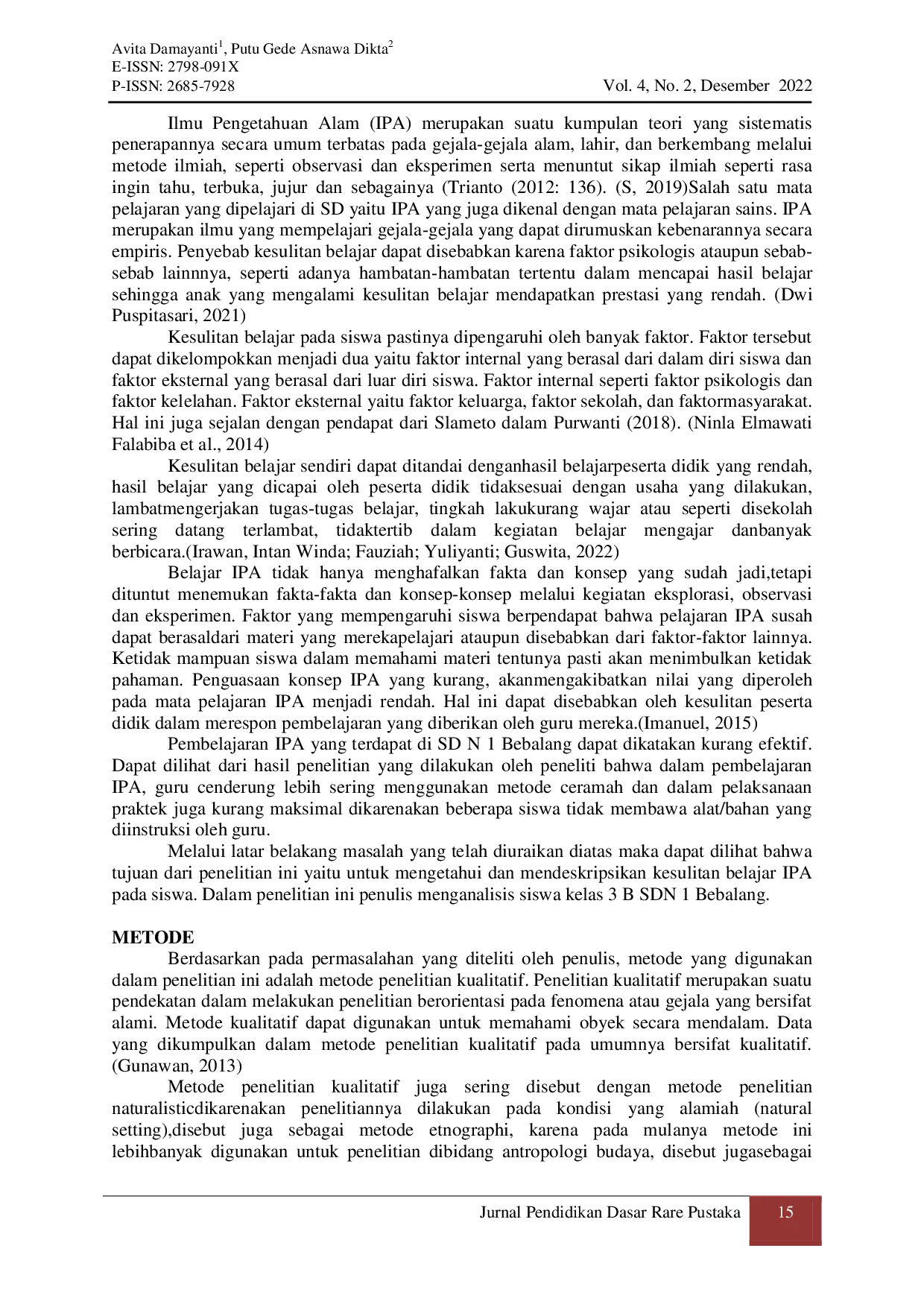 JURIS Analisis Kesulitan Belajar IPA Siswa Kelas 3 B Sekolah Dasar Negeri 1 Bebalang