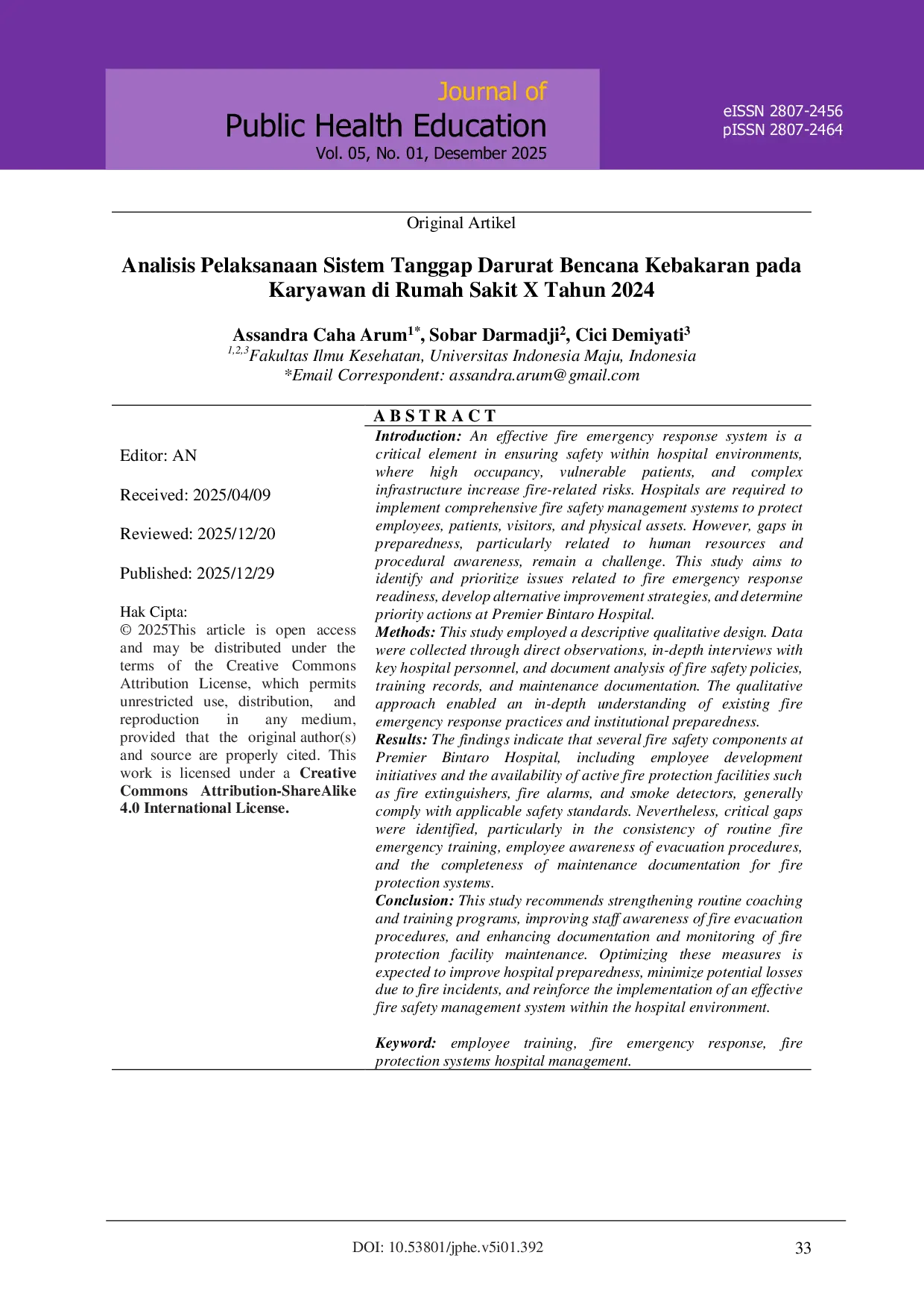 JURIS Analisis Pelaksanaan Sistem Tanggap Darurat Bencana Kebakaran pada Karyawan di Rumah Sakit X Tahun 2024