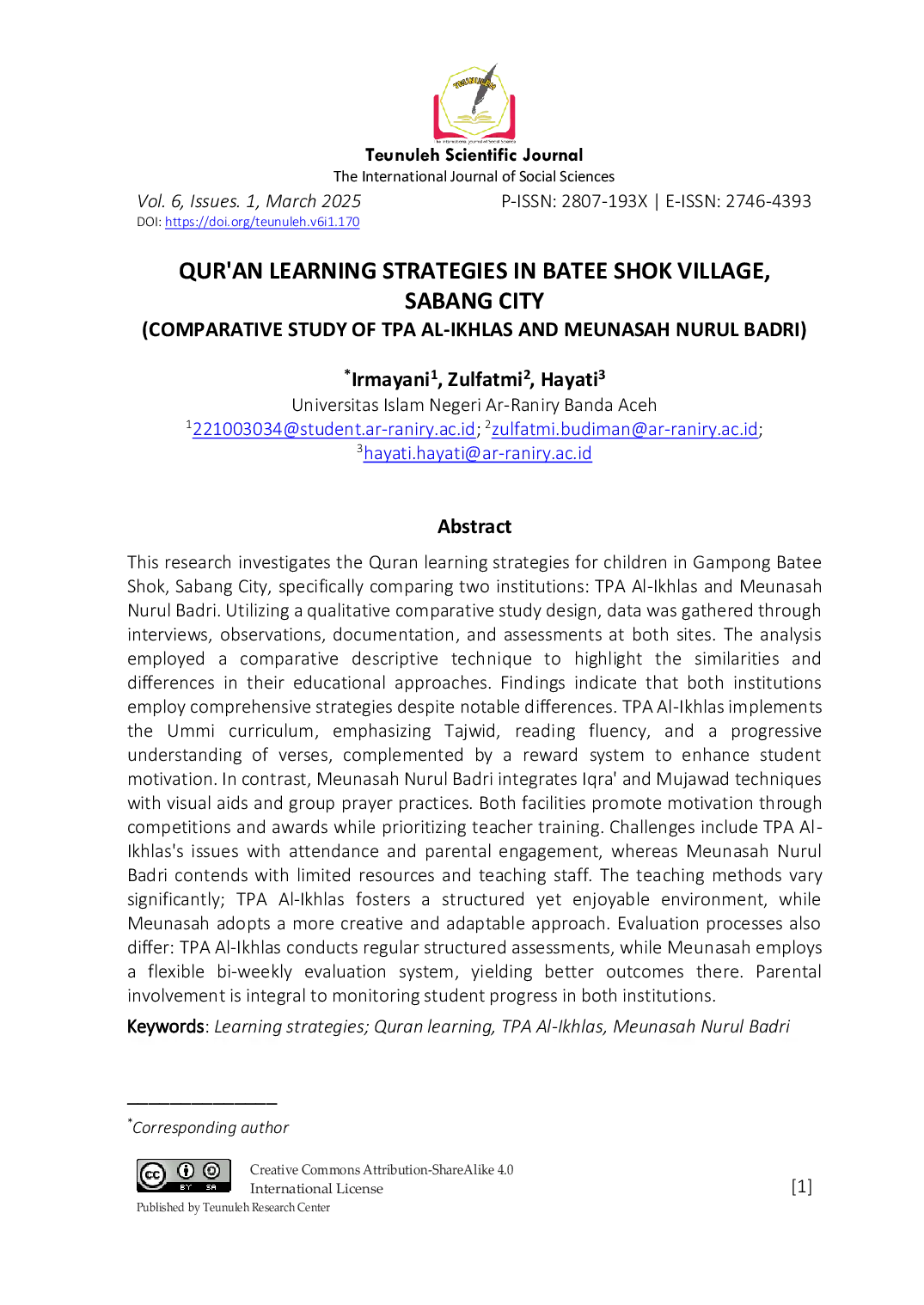 JURIS Strategi Pembelajaran Al Qur an di Desa Batee Shok Kota Sabang