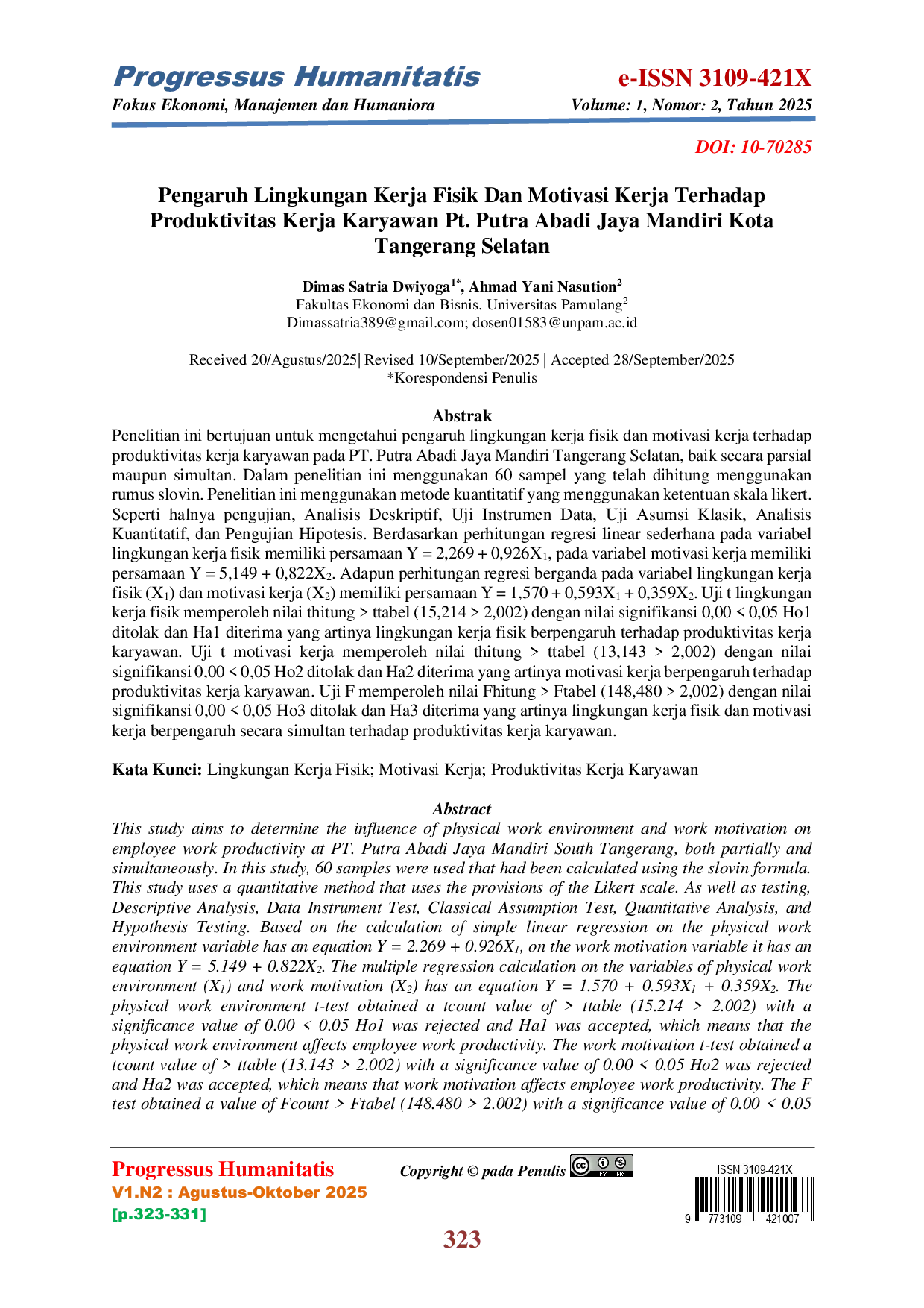 JURIS Pengaruh Lingkungan Kerja Fisik Dan Motivasi Kerja Terhadap Produktivitas Kerja Karyawan Pt Putra Abadi Jaya Mandiri Kota Tangerang Selatan