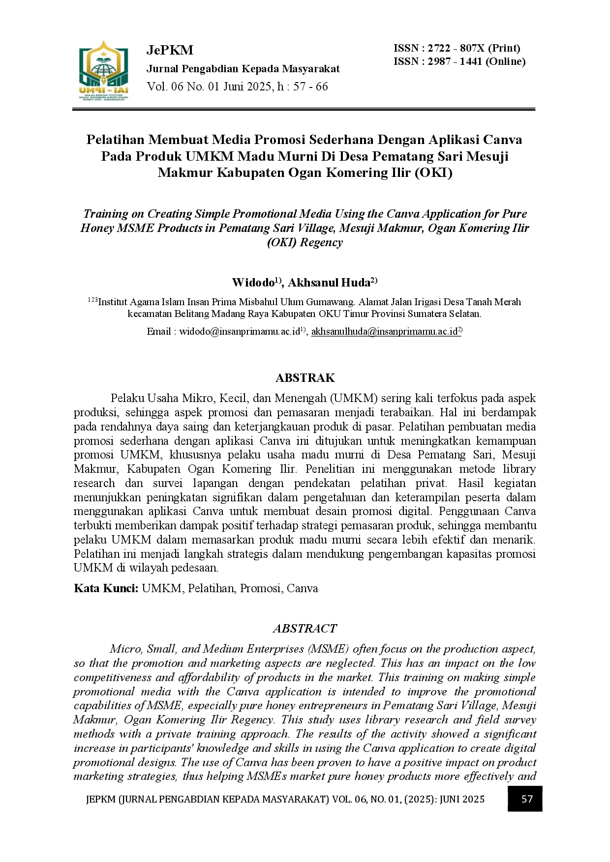 juris Pelatihan Membuat Media Promosi Sederhana Dengan Aplikasi Canva Pada Produk UMKM Madu Murni Di Desa Pematang Sari Mesuji Makmur Kabupaten Ogan Komering Ilir OKI