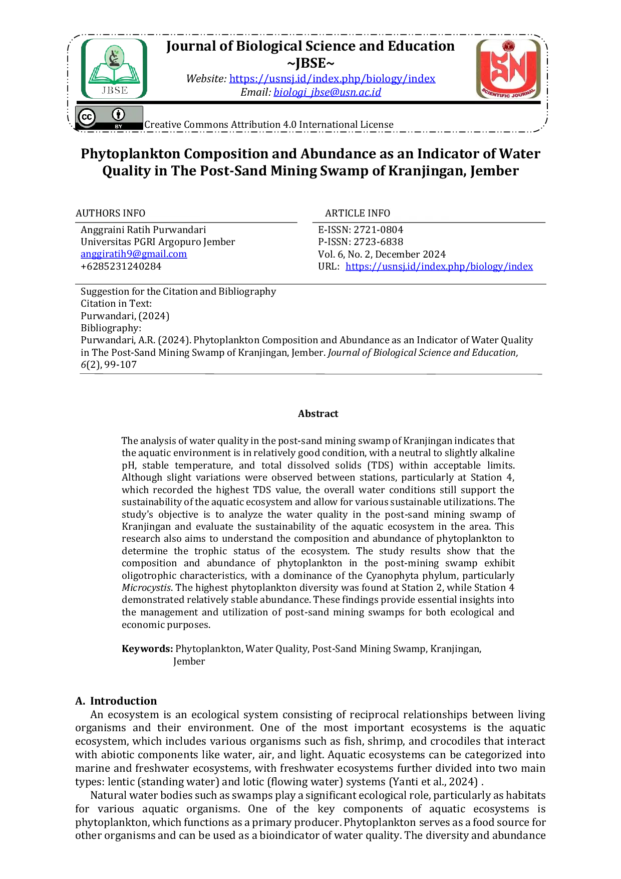 JURIS Phytoplankton Composition and Abundance as an Indicator of Water Quality in The Post Sand Mining Swamp of Kranjingan Jember