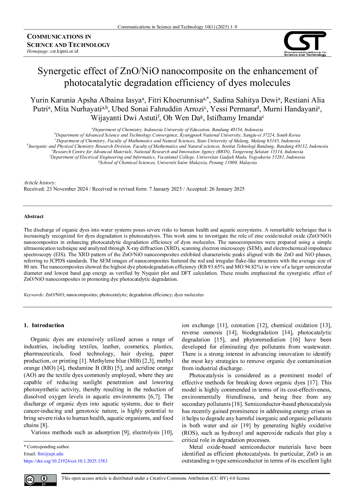 JURIS Synergetic effect of ZnO NiO nanocomposite on the enhancement of photocatalytic degradation efficiency of dyes molecules