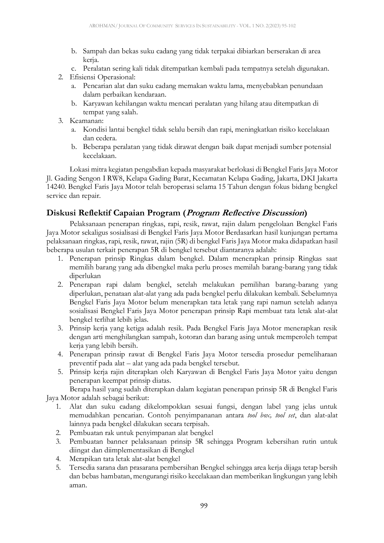 JURIS Implementasi Konsep 5R Ringkas Rapi Resik Rawat Rajin di Bengkel Fariz Jaya Motor