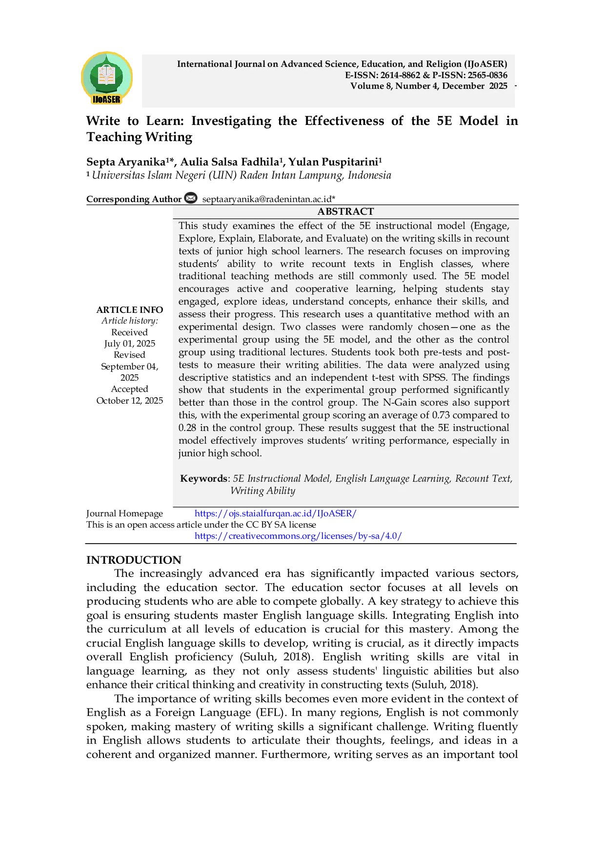 JURIS Write to Learn Investigating the Effectiveness of the 5E Model in Teaching Writing