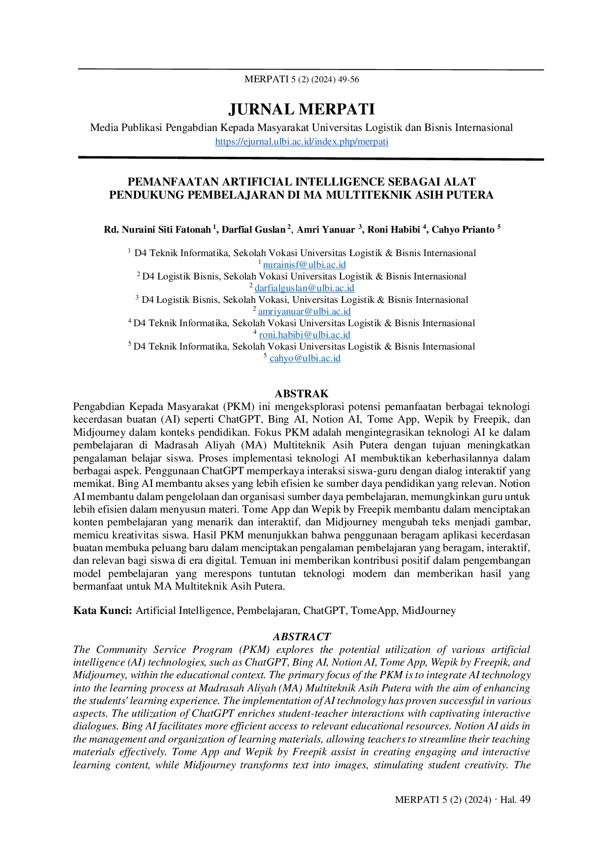 JURIS Pemanfaatan Artificial Intelligence Sebagai Alat Pendukung Pembelajaran di MA Multiteknik Asih Putera