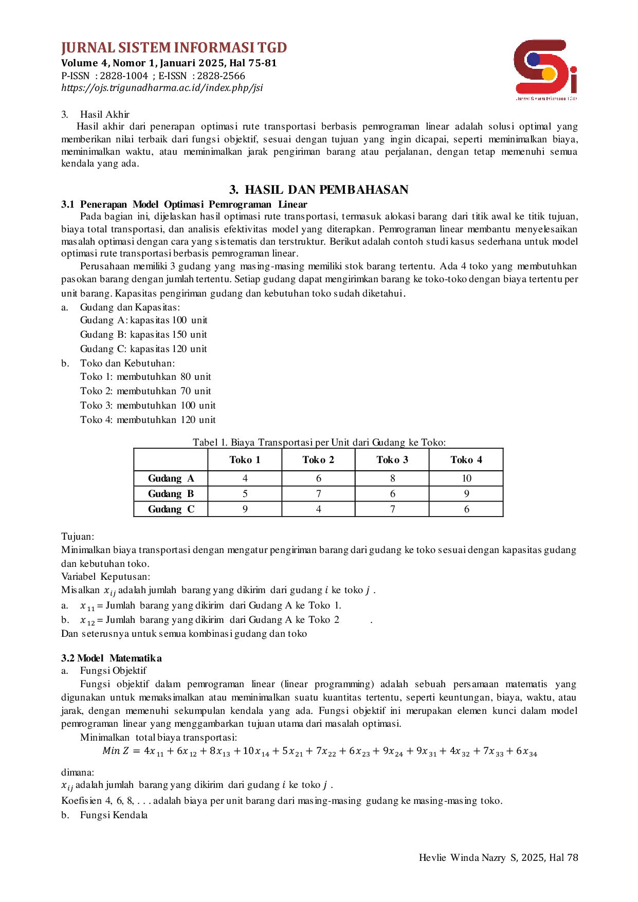 JURIS Model Optimasi Model Optimasi Rute Transportasi Berbasis Pemrograman Linear