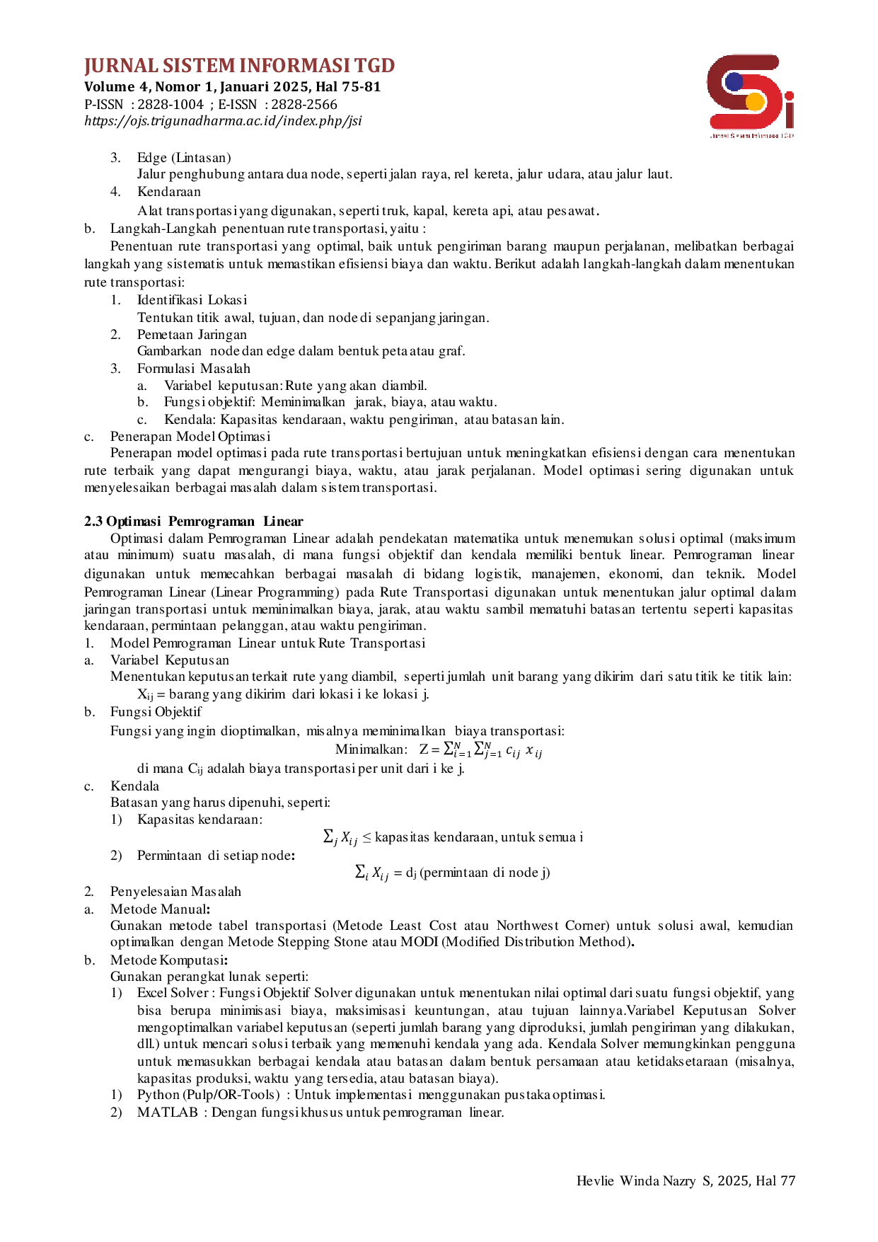 JURIS Model Optimasi Model Optimasi Rute Transportasi Berbasis Pemrograman Linear