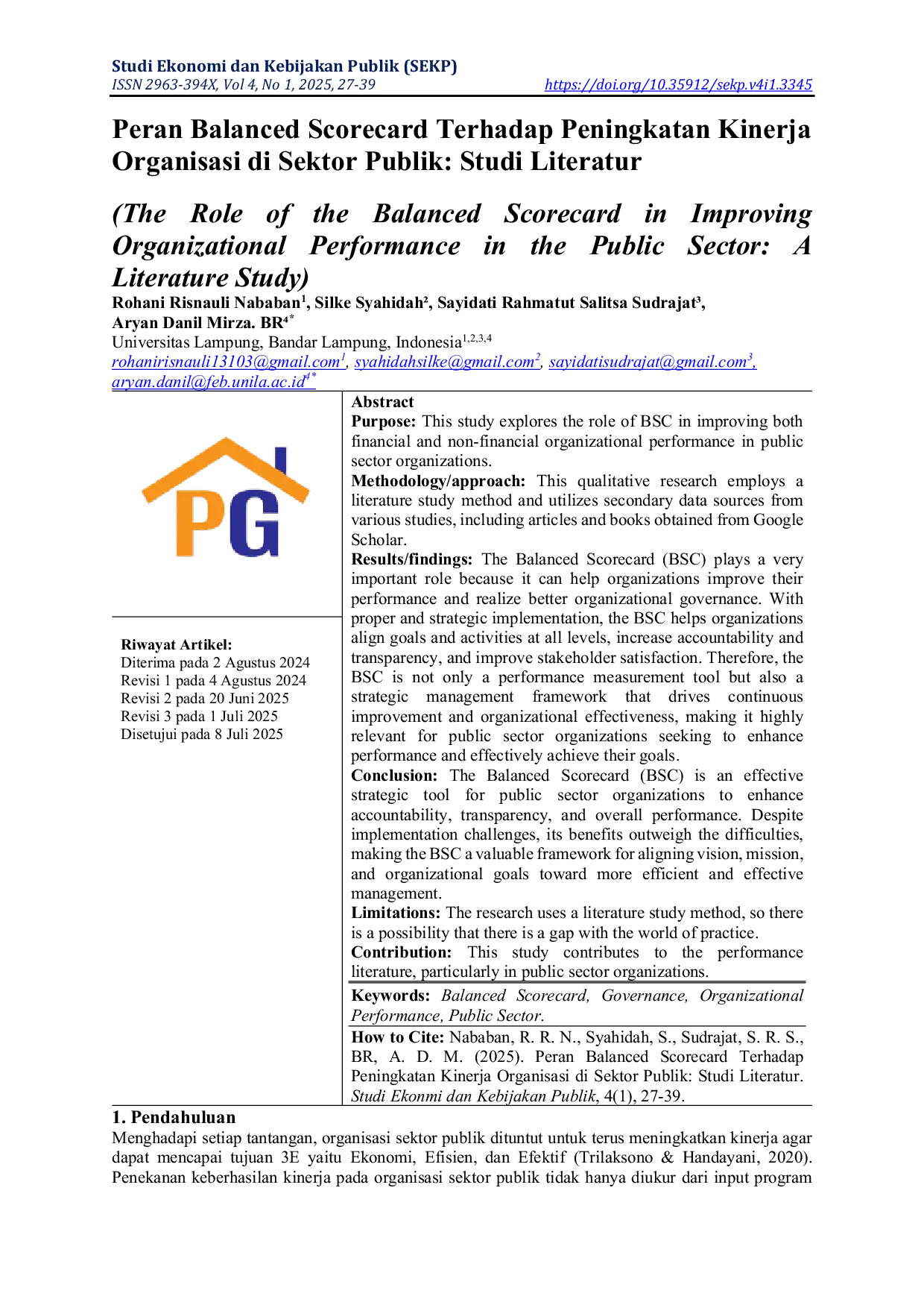 JURIS Peran Balanced Scorecard Terhadap Peningkatan Kinerja Organisasi di Sektor Publik Studi Literatur