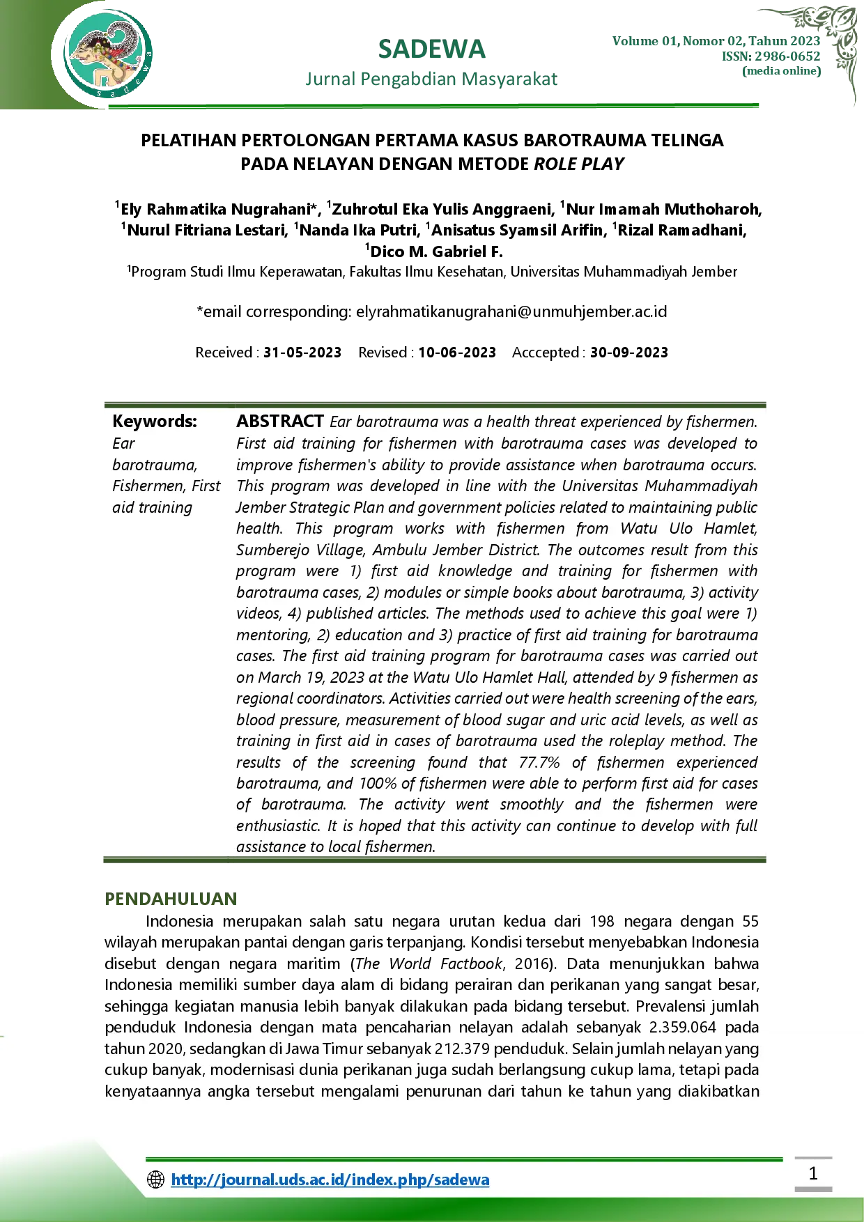 juris Pelatihan Pertolongan Pertama Kasus Barotrauma Telinga Pada Nelayan Dengan Metode Role Play