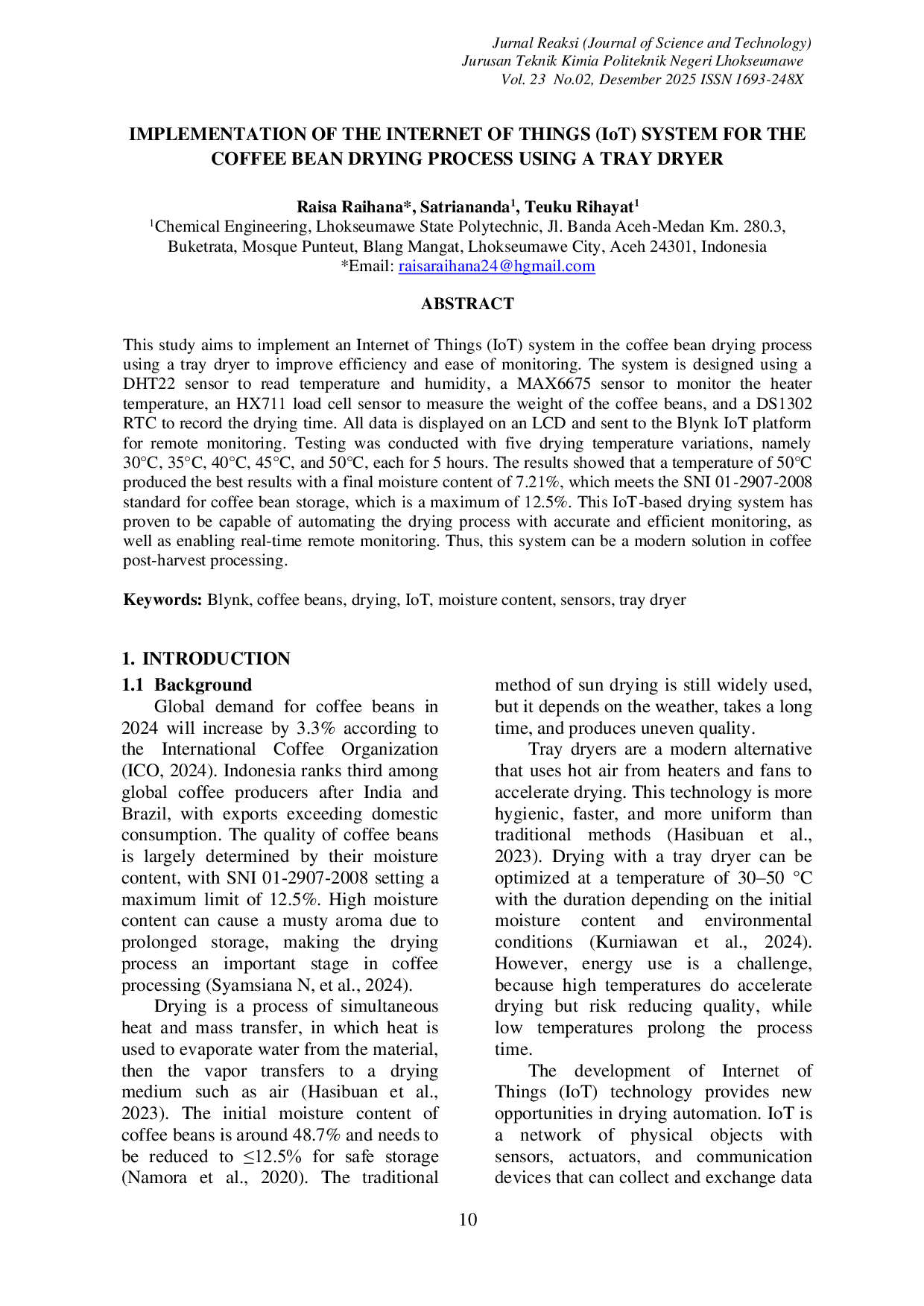 JURIS IMPLEMENTATION OF THE INTERNET OF THINGS IoT SYSTEM FOR THE COFFEE BEAN DRYING PROCESS USING A TRAY DRYER