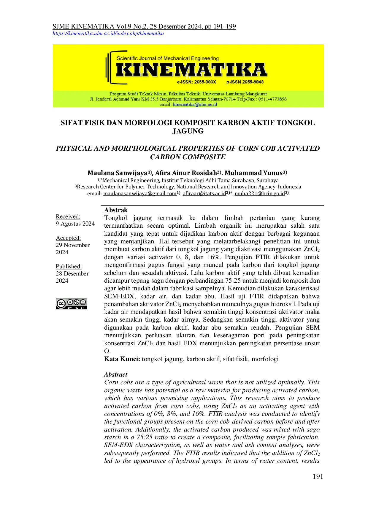 JURIS Sifat Fisik Dan Morfologi Komposit Karbon Aktif Tongkol Jagung