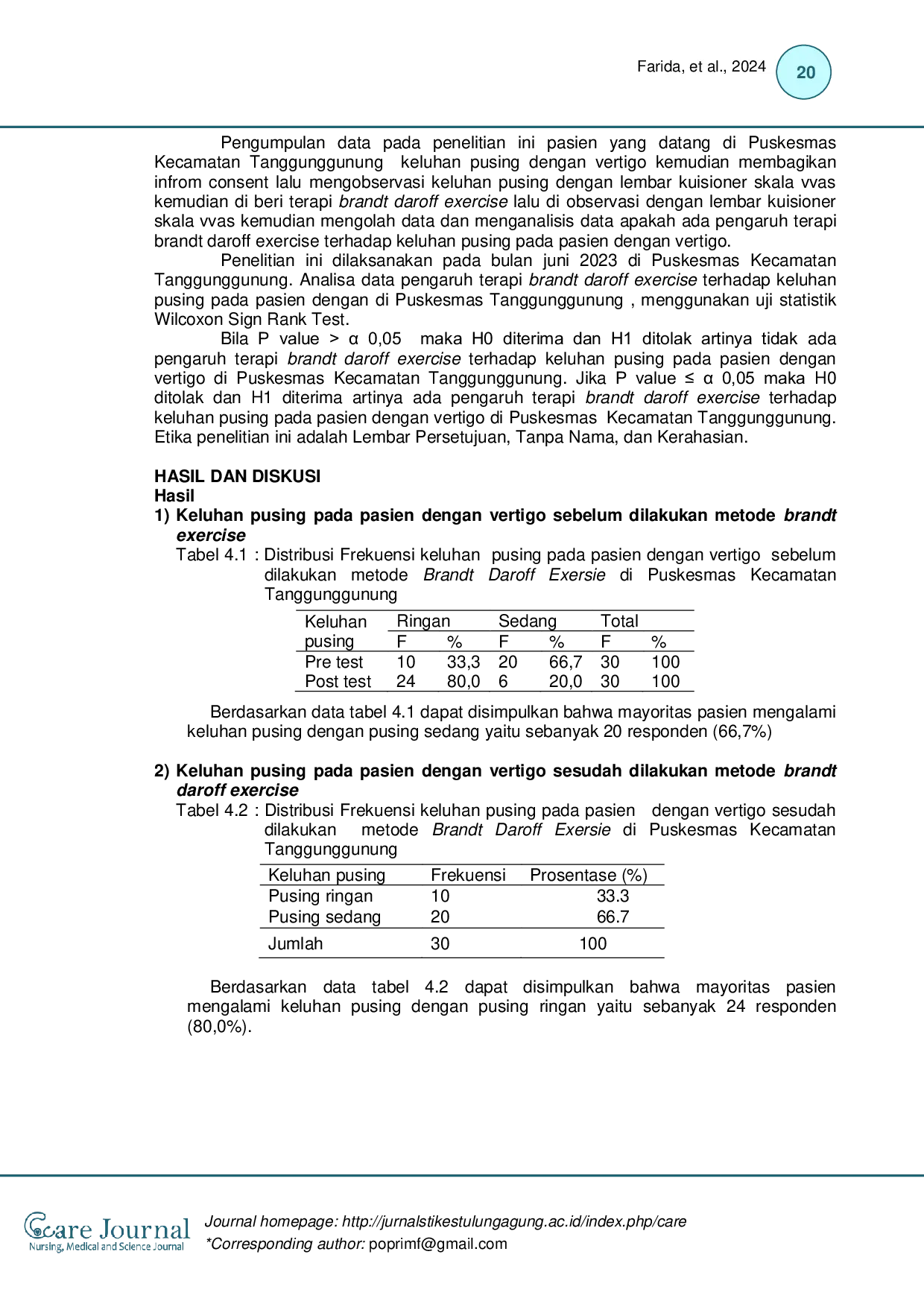 JURIS Pengaruh Terapi Brandt Daroff Exercise terhadap Keluhan Pusing pada Pasien dengan Vertigo di Puskesmas Kecamatan Tanggunggunung