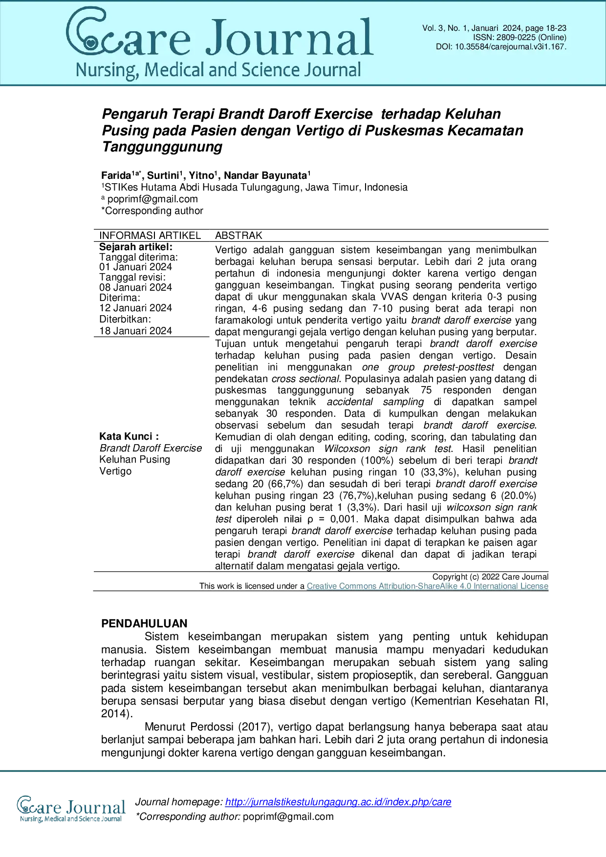 JURIS Pengaruh Terapi Brandt Daroff Exercise terhadap Keluhan Pusing pada Pasien dengan Vertigo di Puskesmas Kecamatan Tanggunggunung