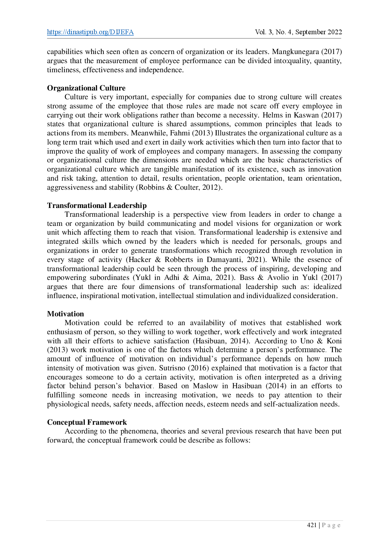 juris The Importance of Organizational Culture as well as Transformational Leadership towards the Employee Performance at PT KHMI via Motivation as a Mediation Variable