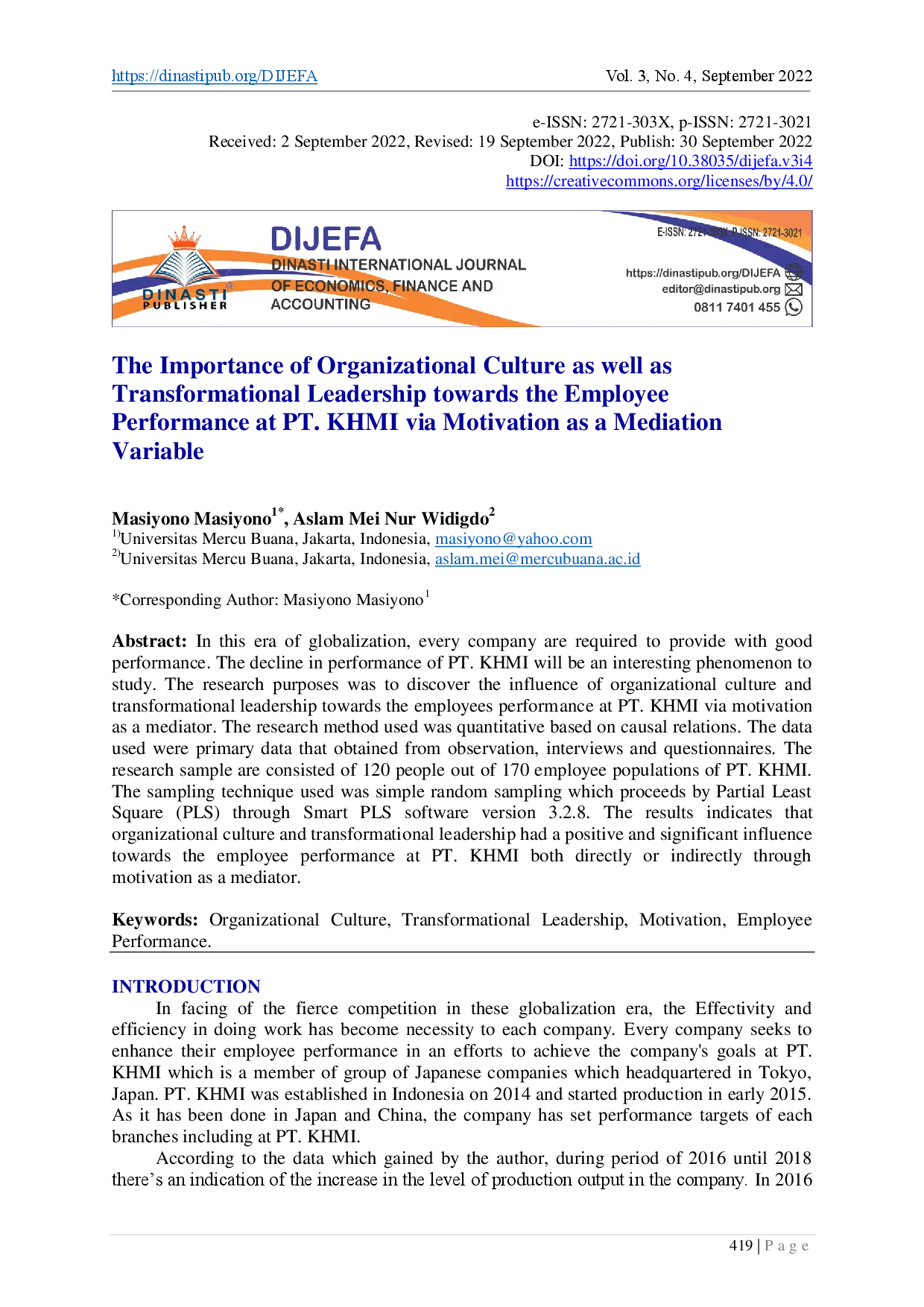 juris The Importance of Organizational Culture as well as Transformational Leadership towards the Employee Performance at PT KHMI via Motivation as a Mediation Variable