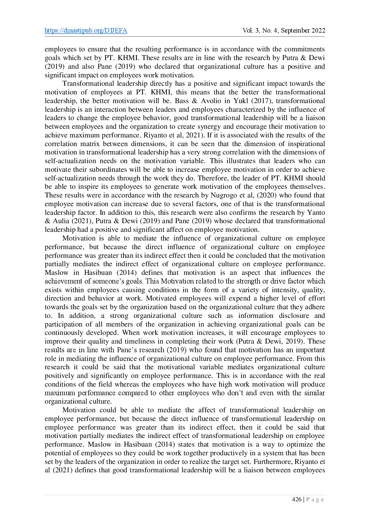 juris The Importance of Organizational Culture as well as Transformational Leadership towards the Employee Performance at PT KHMI via Motivation as a Mediation Variable