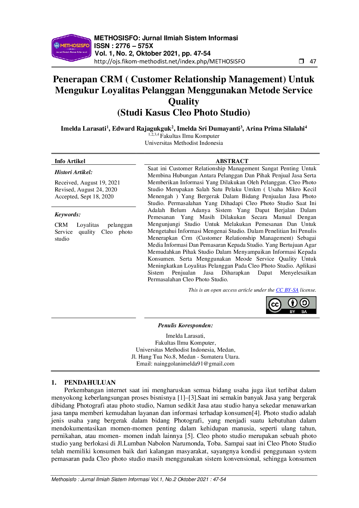 JURIS Penerapan CRM Customer Relationship Management Untuk Mengukur Loyalitas Pelanggan Menggunakan Metode Service Quality Studi Kasus Cleo Photo Studio